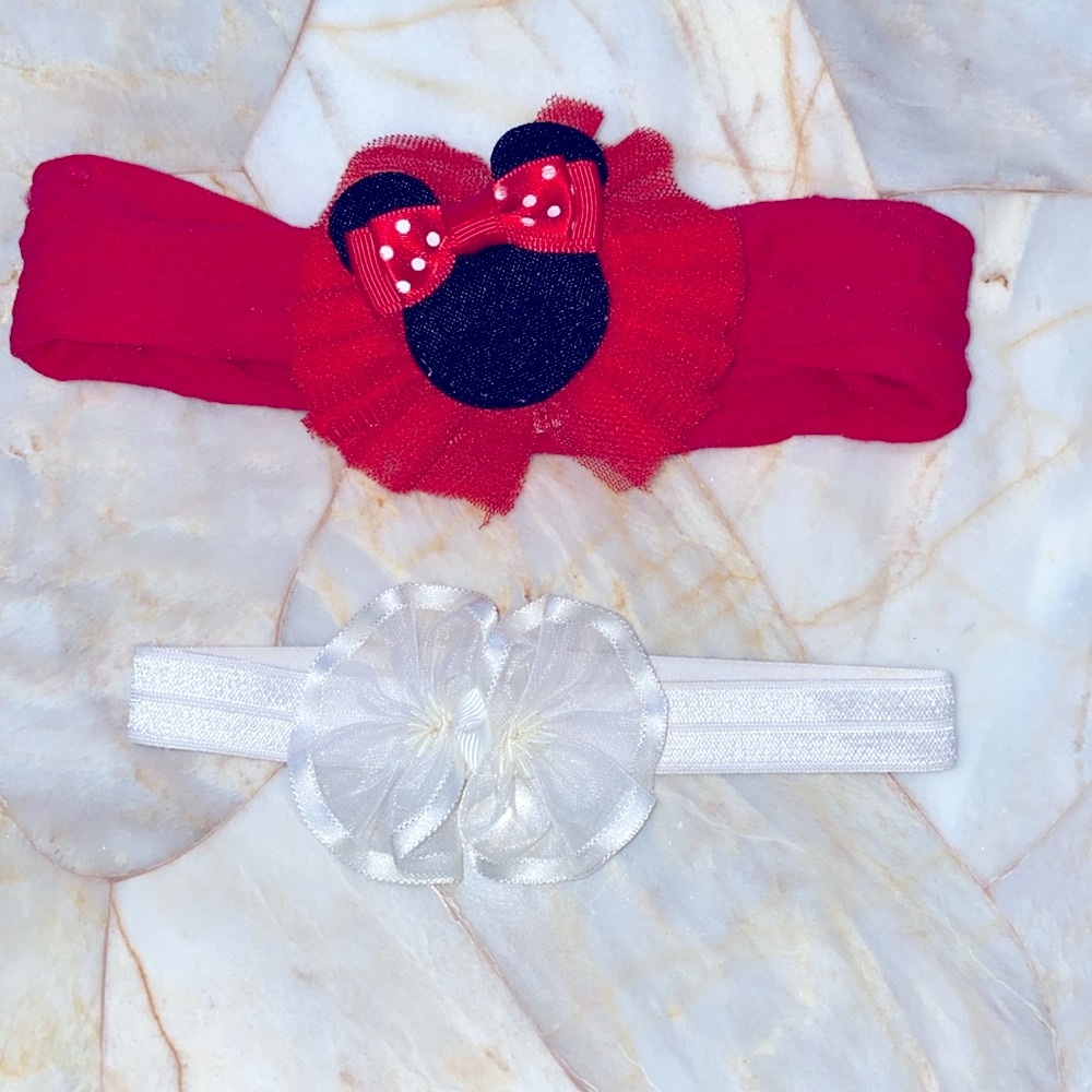 Disney Baby Minnie Mouse Red Bow and White Floral Girls Headband Set of 2